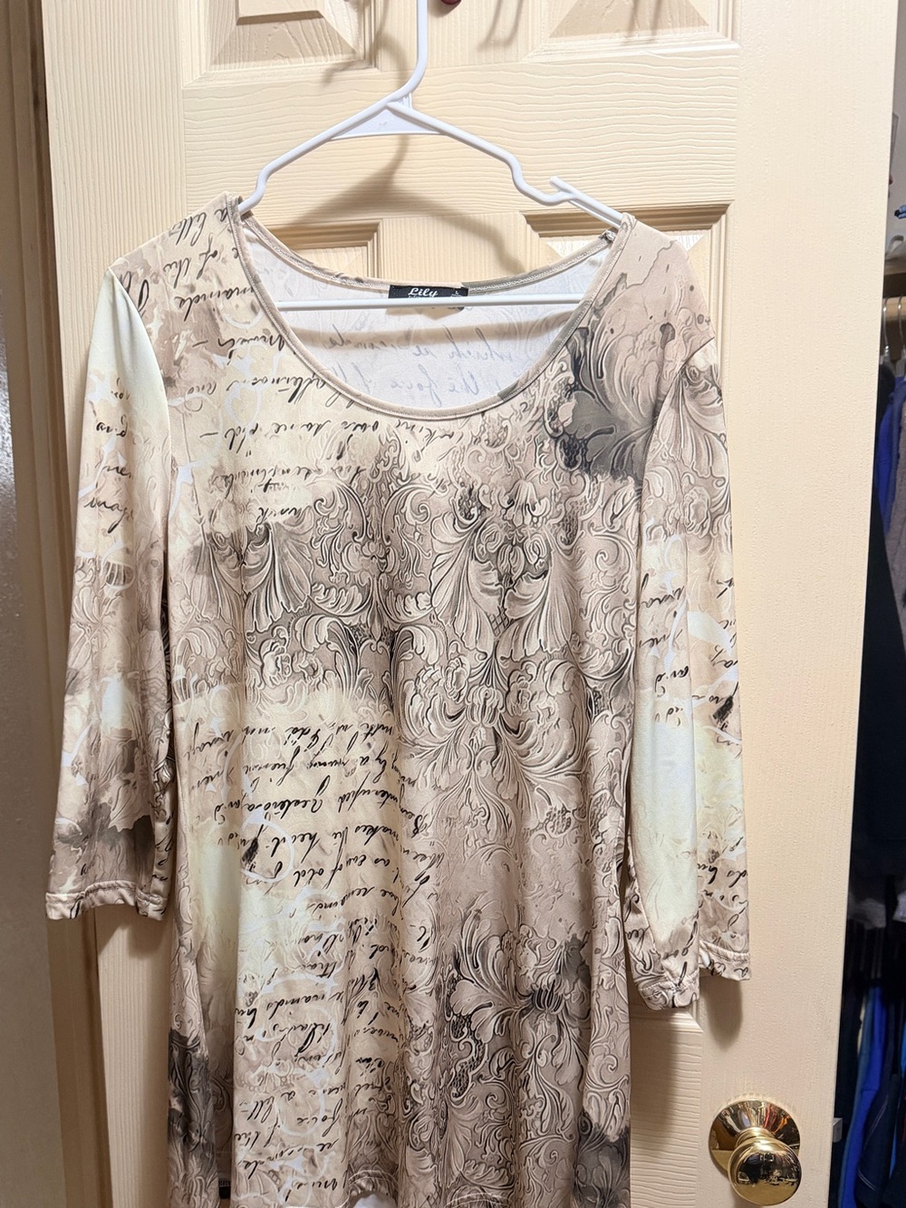 Lily by Firmiana L Beige Baroque Script Tunic Top | Romantic Stretch